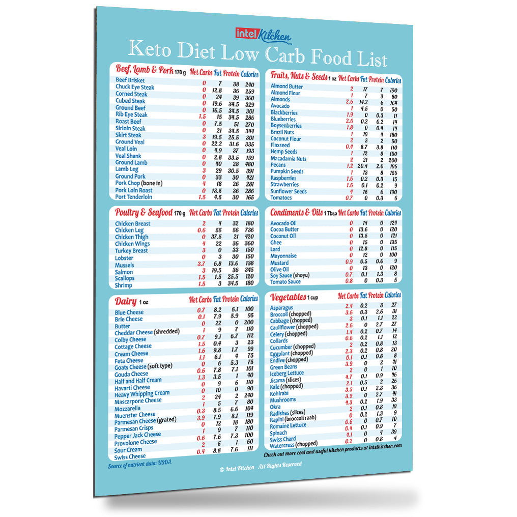 Blue/Pink Keto Diet Cheat Sheet Top 100 Low Carb Foods Magnet